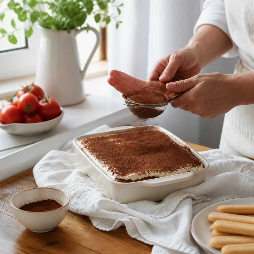 Part de tiramisu au cacao servie sur une assiette blanche