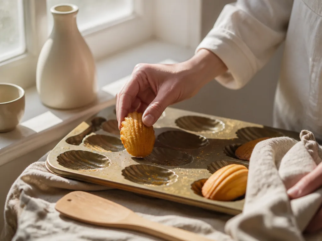 Madeleines dorées disposées sur une assiette près d’une tasse de thé