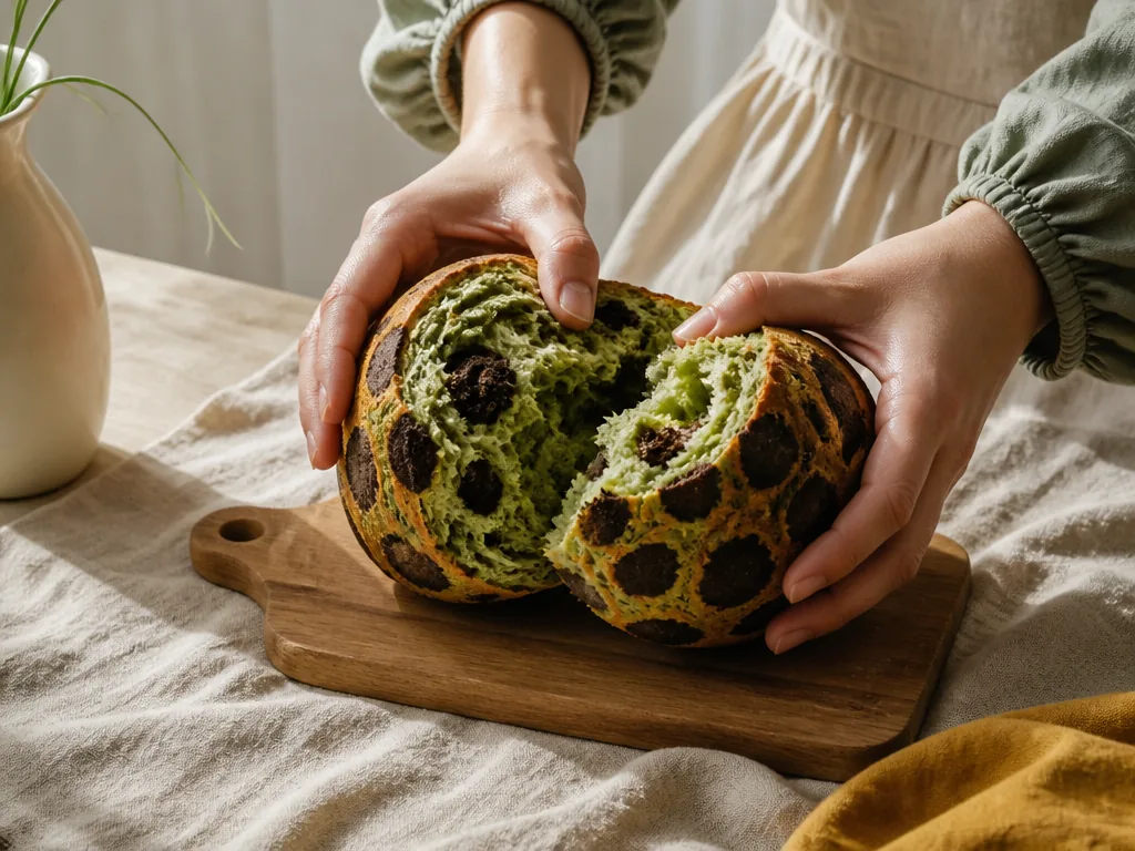 Brioche léopard au thé matcha tranchée sur une planche en bois
