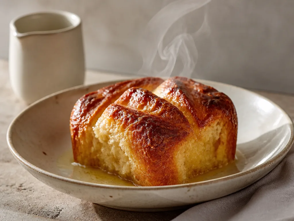 Brioche moelleuse nappée de sirop d’érable sur une assiette