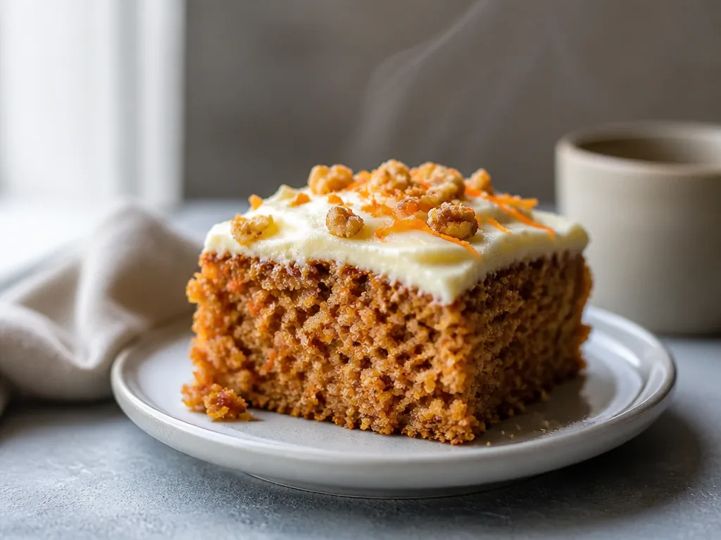 Part de carrot cake moelleux nappée de glaçage au cream cheese