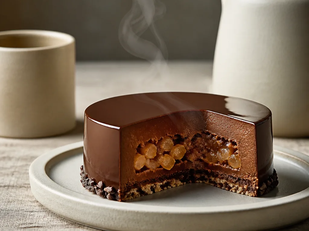 Entremets au chocolat, mascarpone au gingembre et brunoise de pomme