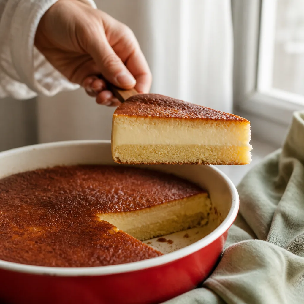 Part de gâteau magique révélant trois textures superposées sur une assiette