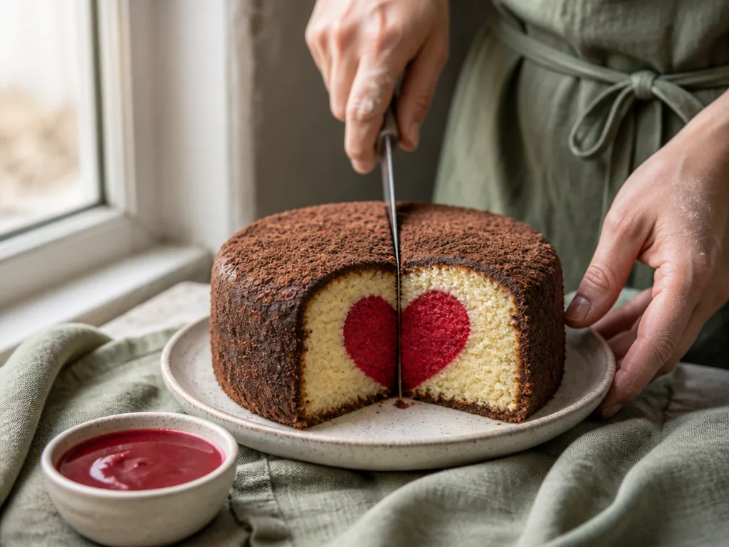 Love Cake chocolat-vanille révélant un cœur à la découpe