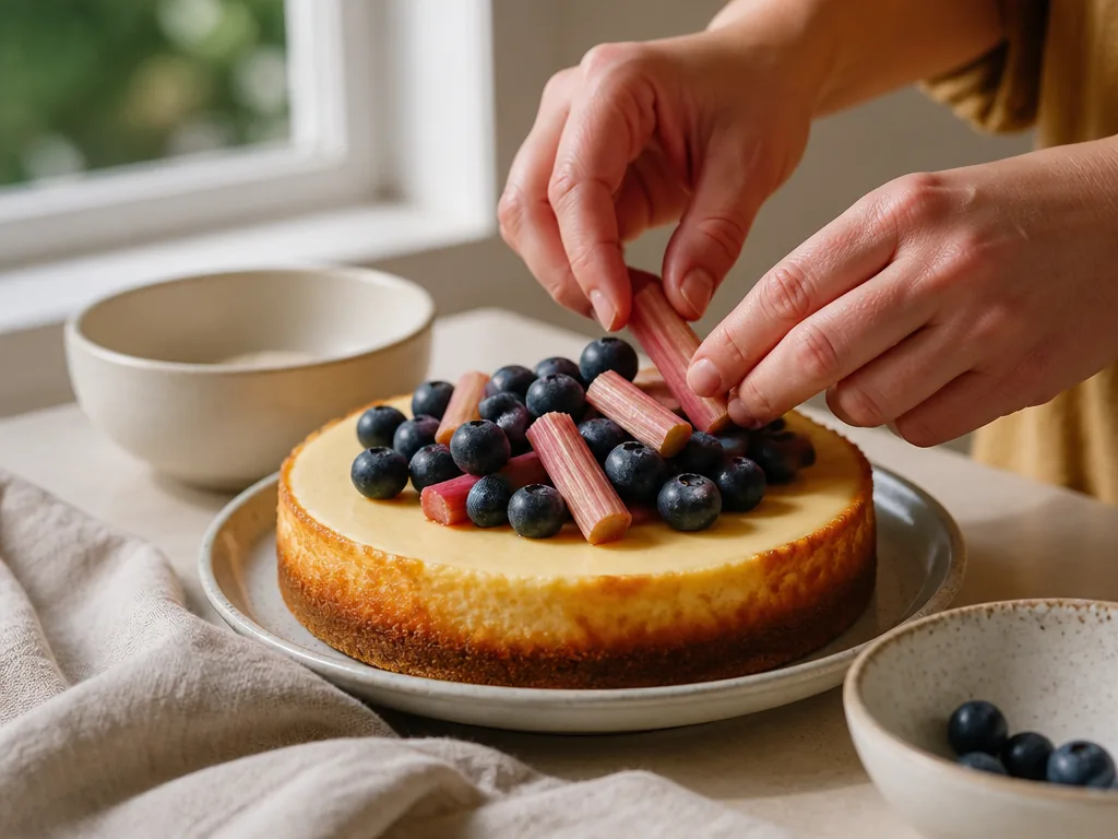 Cheesecake printanier aux myrtilles et à la rhubarbe sur une assiette