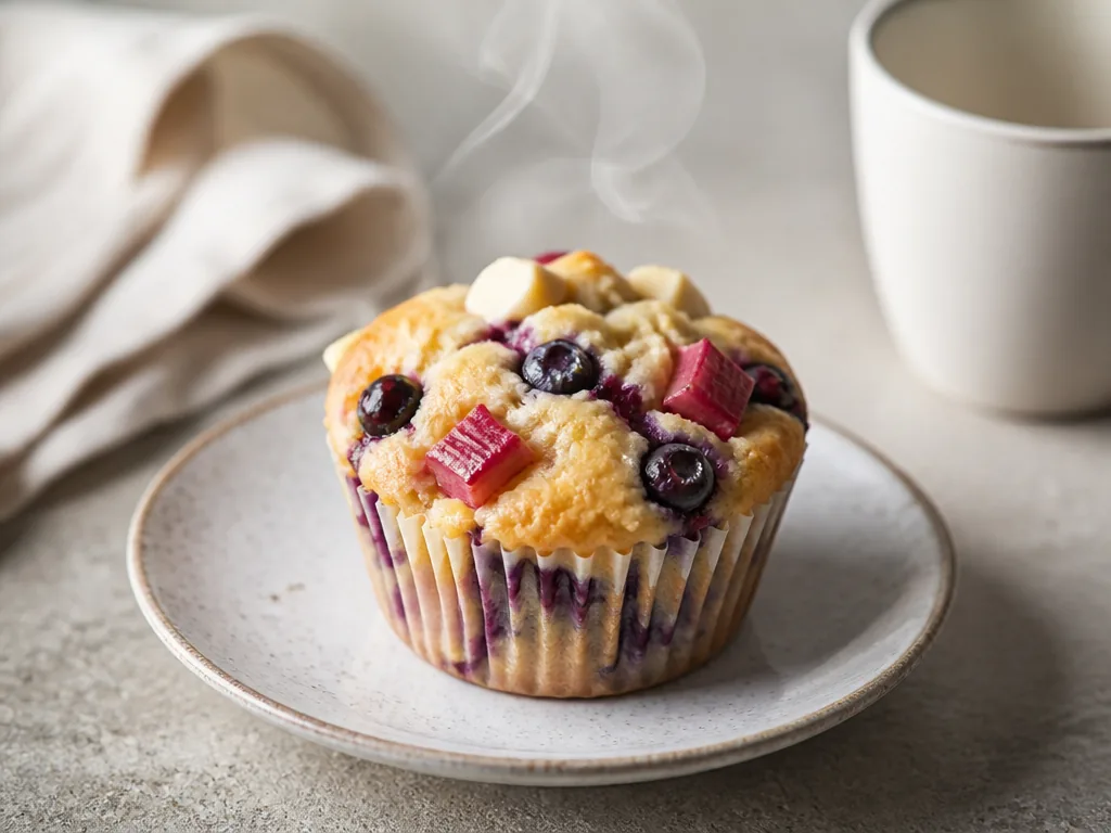 Muffins au chocolat blanc, myrtilles et rhubarbe sur une assiette rustique