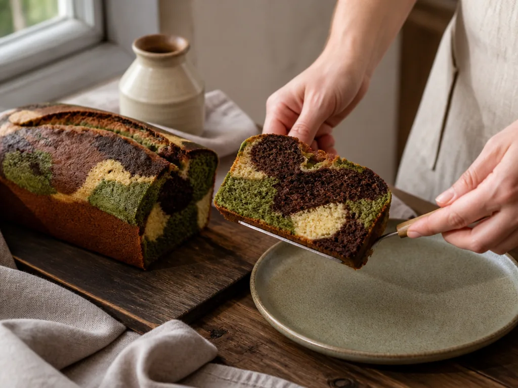 Camouflage cake marbré à la vanille, au chocolat et au matcha