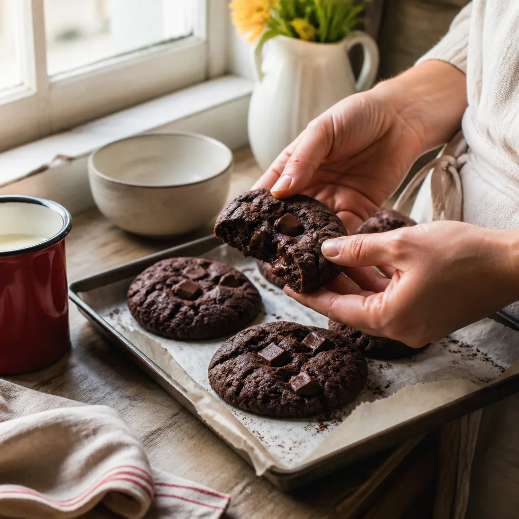 Cookies tout chocolat au cœur fondant sur une plaque de cuisson